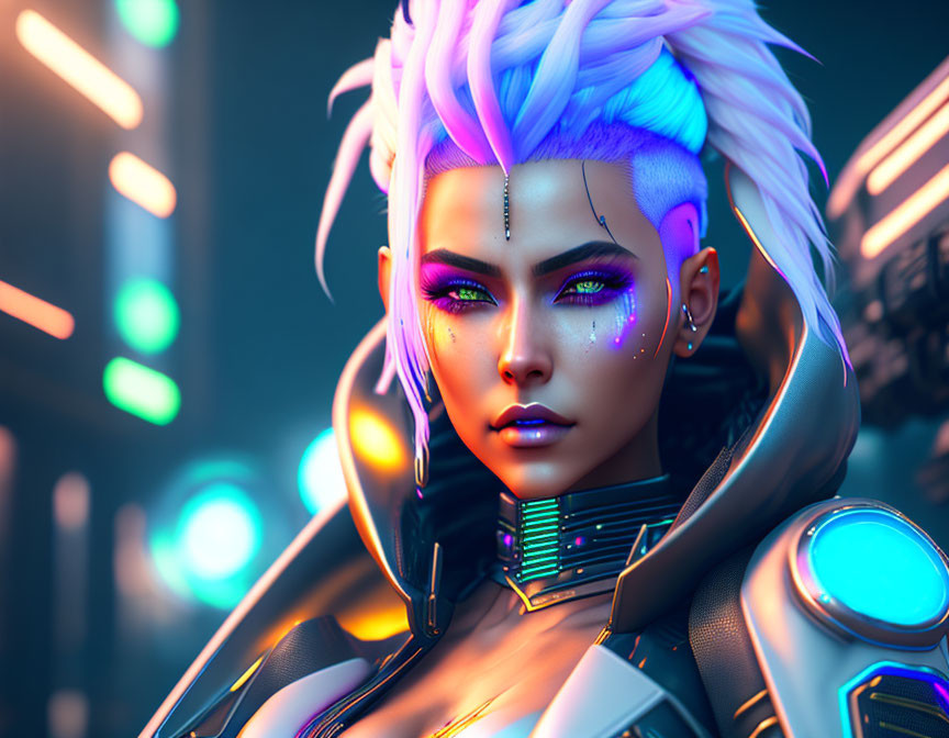 Futuristic woman with white and purple hair in high-tech suit