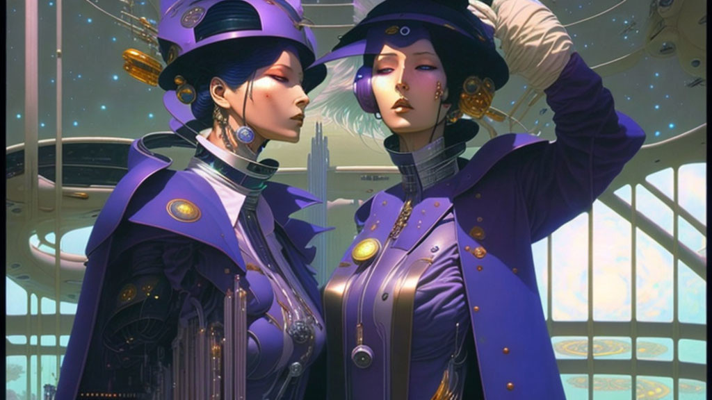 Stylized female figures in futuristic uniforms with mechanical elements and sci-fi cityscape.