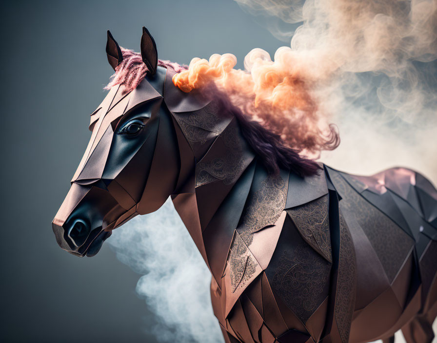 Geometric Horse Sculpture with Metallic Finish and Orange Mane