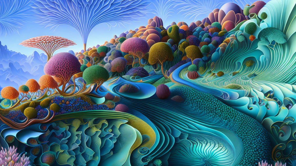 Colorful psychedelic landscape with intricate fractal patterns and fantastical shapes.