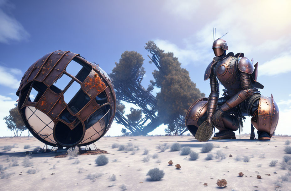 Medieval knight in armor next to futuristic pod in desert landscape