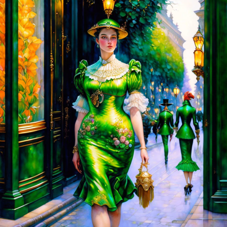 Victorian woman in green dress on lamp-lit boulevard with mannequins