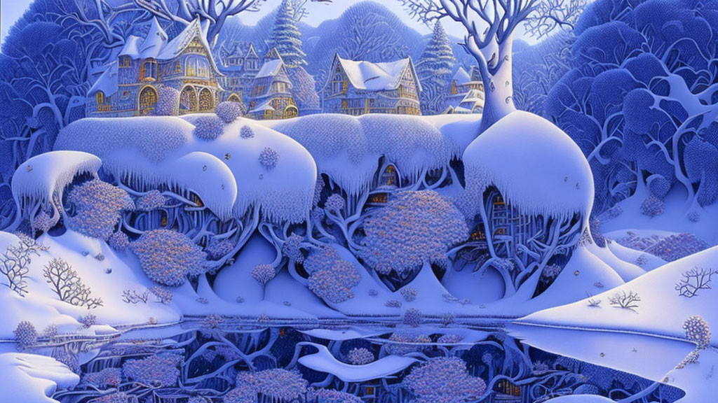 Snow-covered winter village scene with illuminated houses and trees