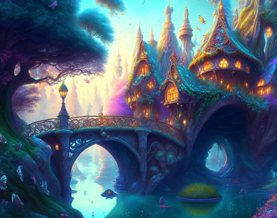 Mystical fantasy landscape with luminous trees, ornate bridge, and intricate spires