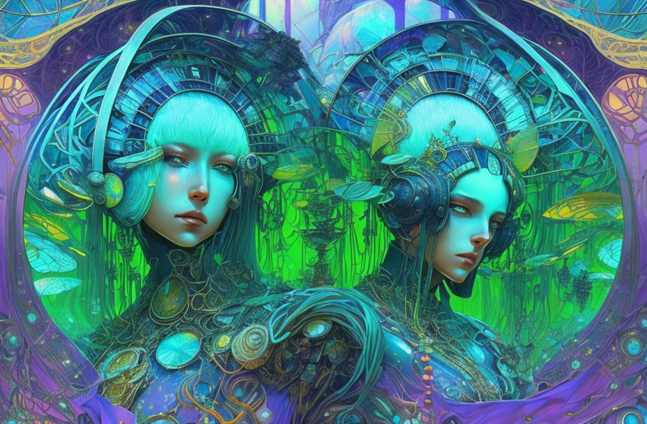 Fantastical figures with blue hair and futuristic headdresses on vibrant, organic backdrop