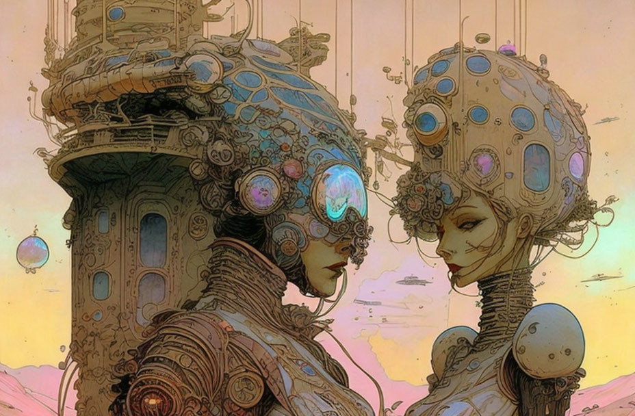 Intricately detailed steampunk-style robots with human-like faces against a pastel-hued