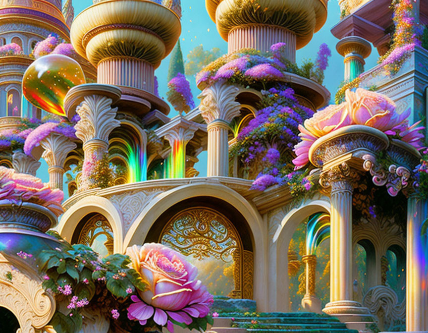 Fantastical palace with golden arches and whimsical spires