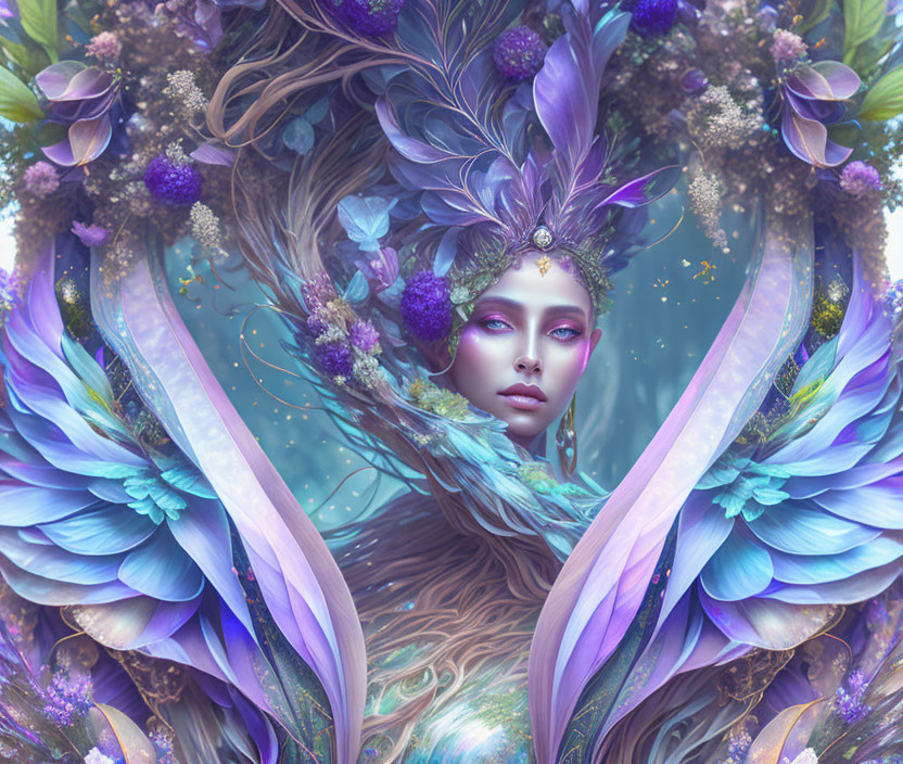 Ethereal female portrait with purple hues, feathers, flowers, and jewelry