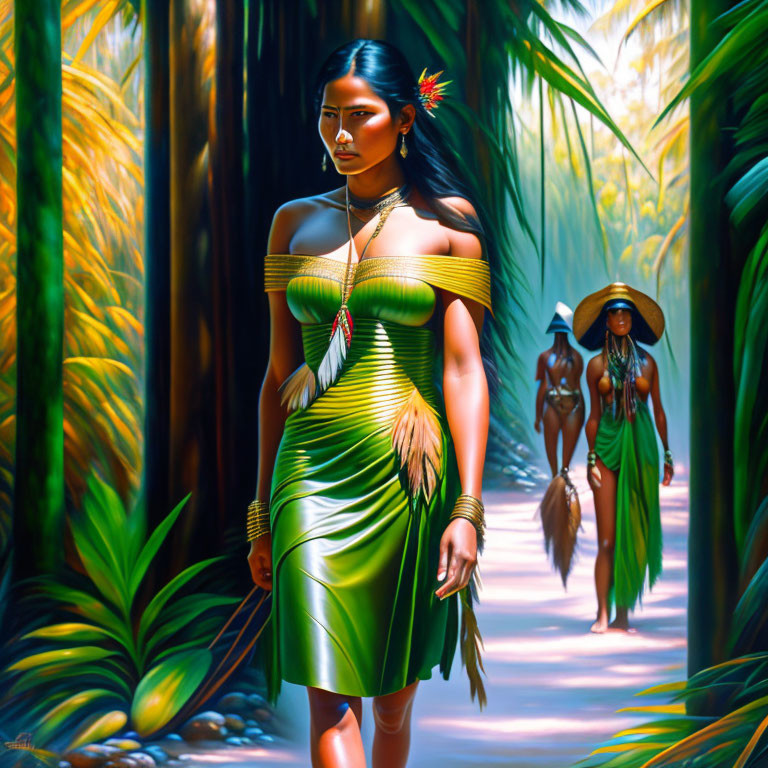 Digital art: Woman in green dress with feathers in forest path