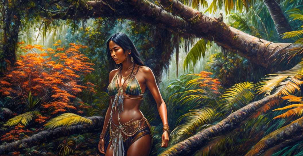 Woman in tribal attire surrounded by lush jungle foliage