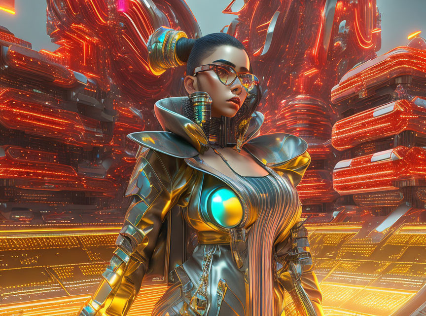 Futuristic cyberpunk woman in sunglasses against neon cityscape