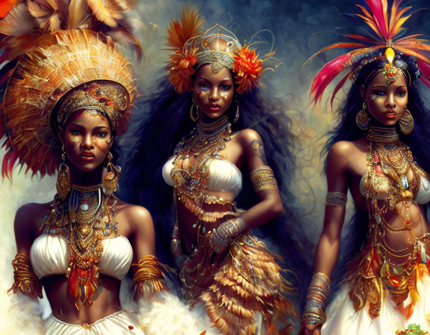 Three women in ornate tribal headdresses and jewelry against soft light background