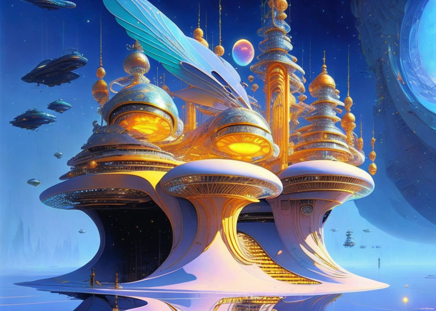 Futuristic cityscape with towering spires, domes, and floating vehicles