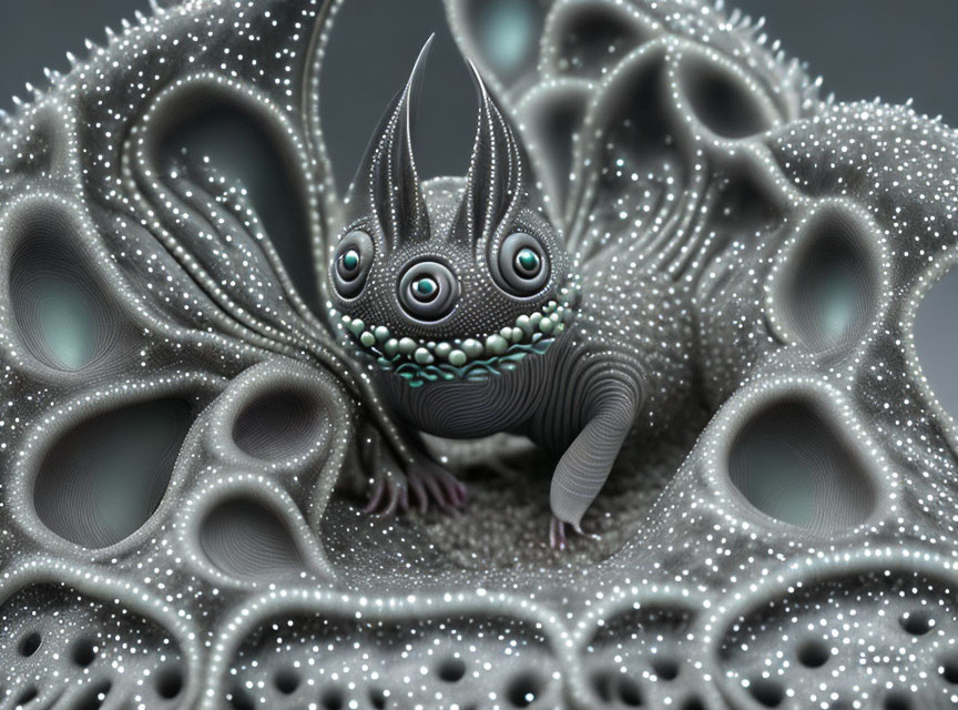 3D-rendered whimsical creature with multiple eyes in coral-like structures