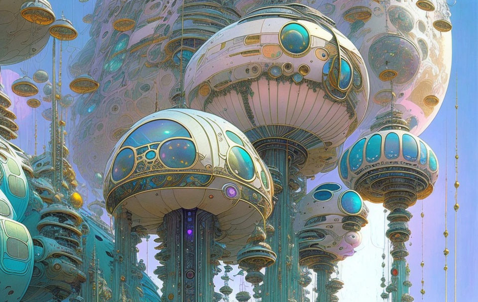 Futuristic cityscape with ornate, towering structures under a bright sky