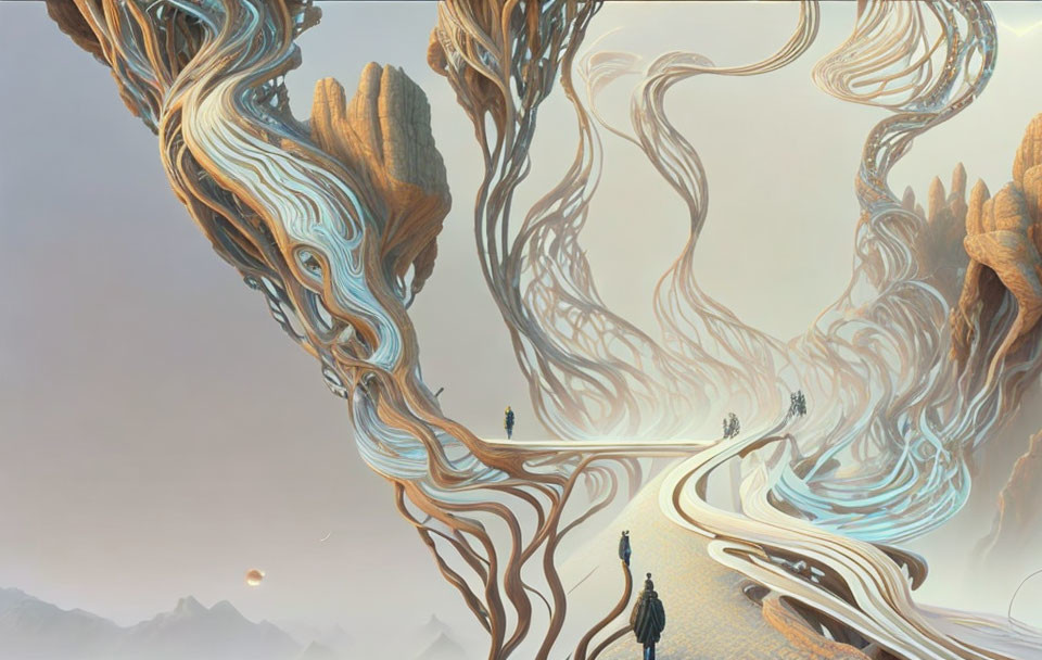 Twisted organic structures in surreal landscape with tiny figures