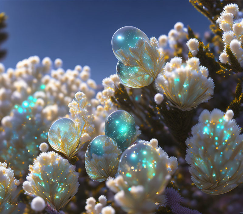 Iridescent bubbles on white fluffy flora under twilight sky