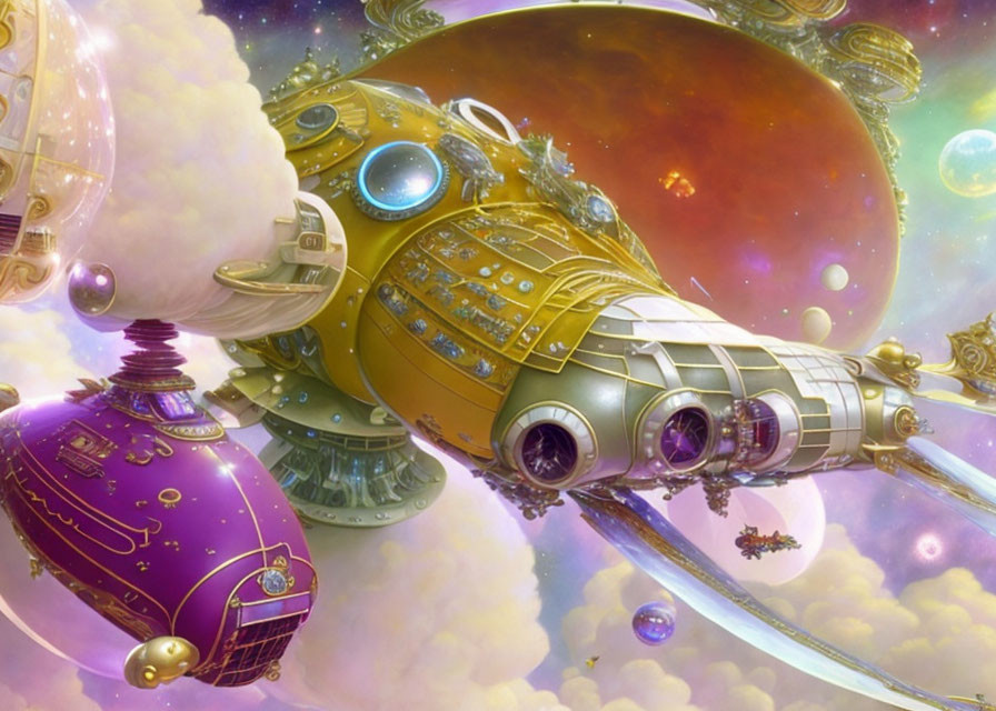 Intricate steampunk airship in whimsical sky