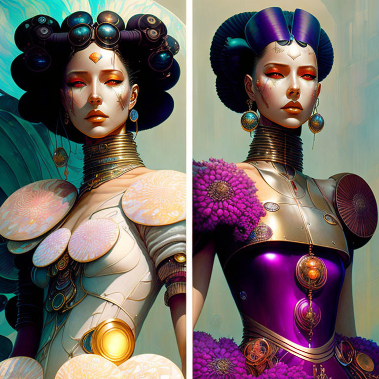 Stylized futuristic portraits of a woman with intricate hairstyles and ornate gold and purple armor against soft