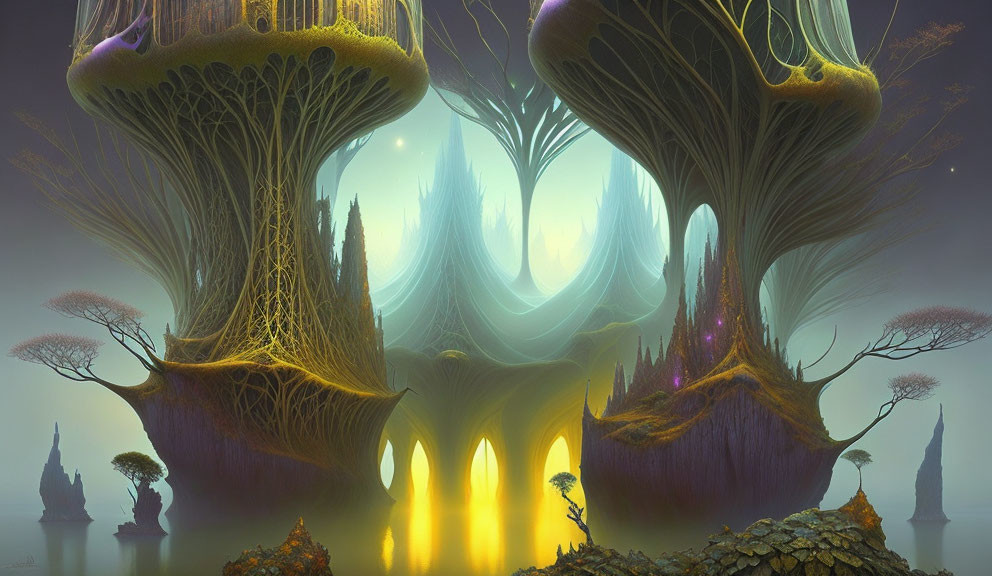 Enchanting mystical forest with luminescent mushrooms and glowing flora