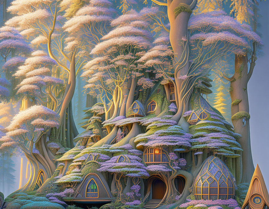 Whimsical treehouses in enchanting forest twilight