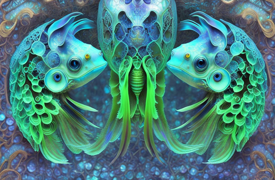 Symmetric digital artwork of vibrant fish in blue-green color scheme