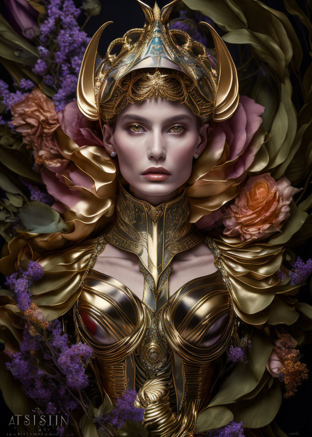 Regal Female Figure in Golden Armor Amid Dark Flowers