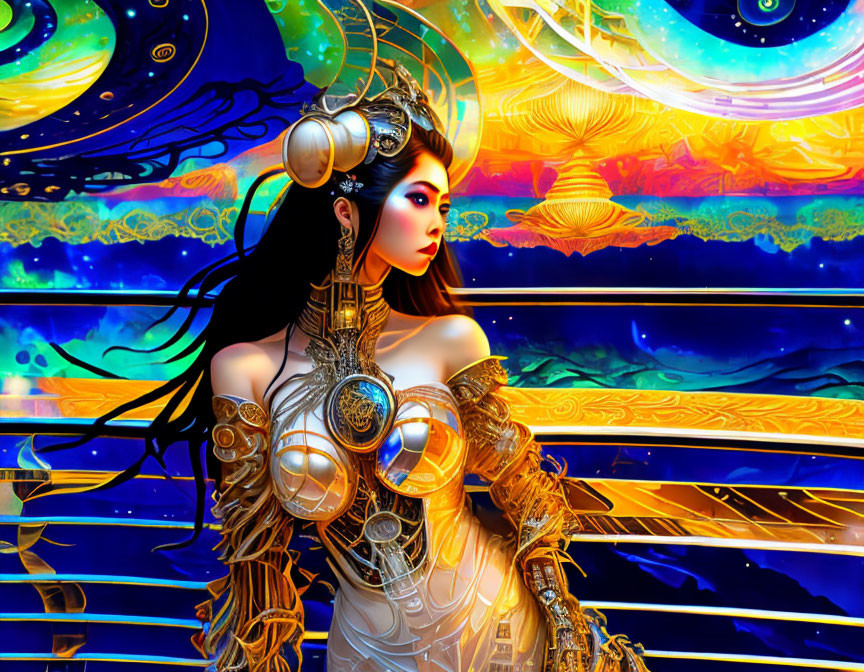 Vivid psychedelic digital artwork of female figure in mechanical armor