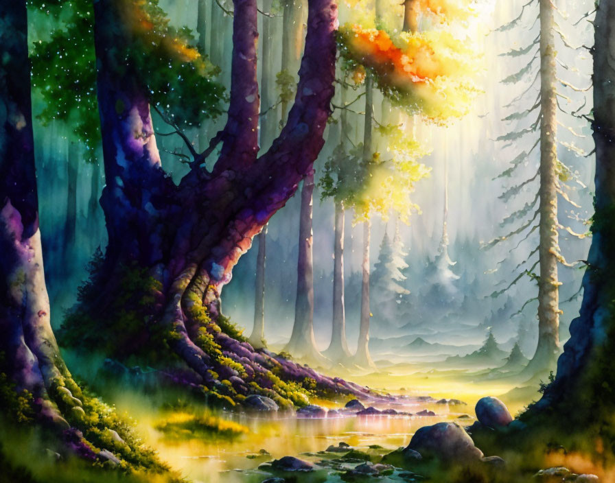 Enchanting forest scene with sunbeams, river, and starry sky