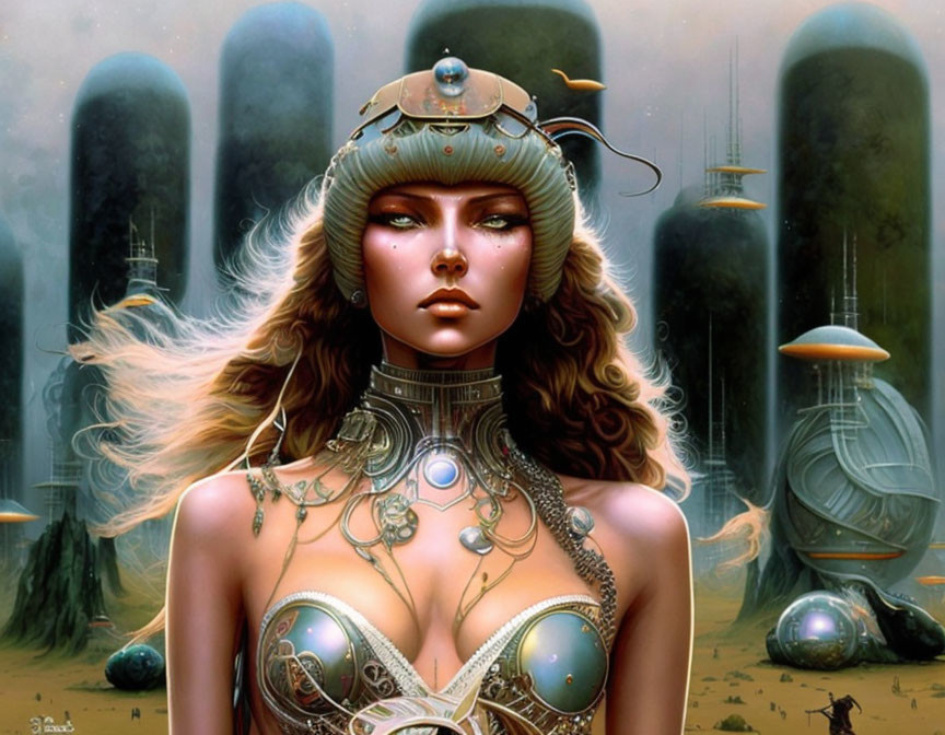 Futuristic female figure in metallic armor with elaborate headgear in sci-fi setting