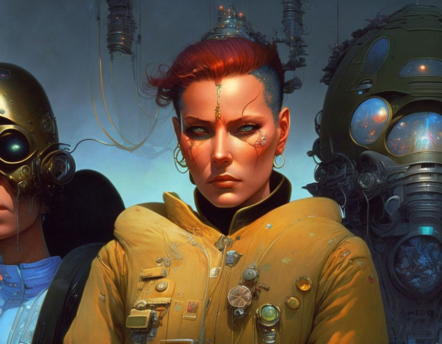 Futuristic image: Red-haired person in yellow jacket with diving helmet figures