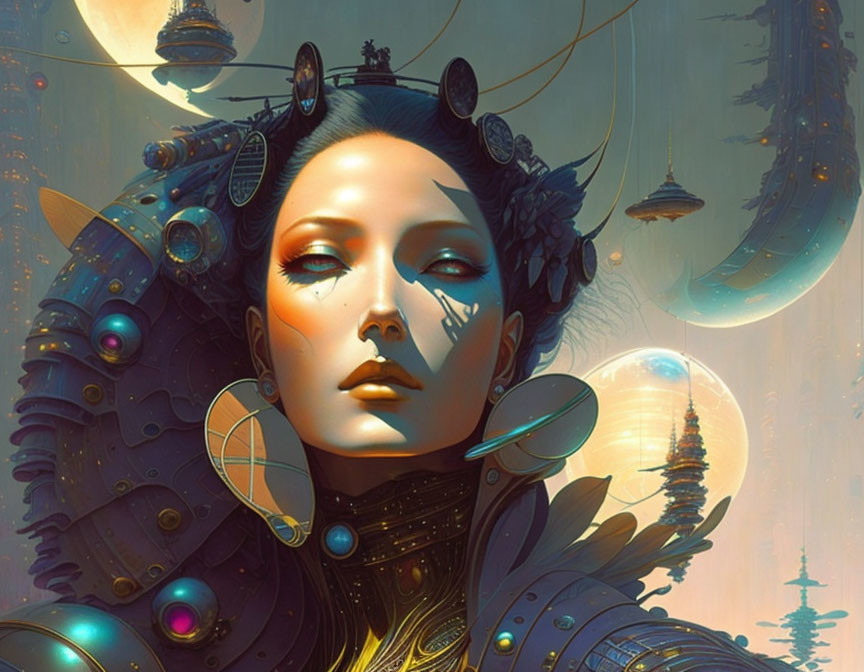 Futuristic female figure with ornate headgear in dreamy golden setting