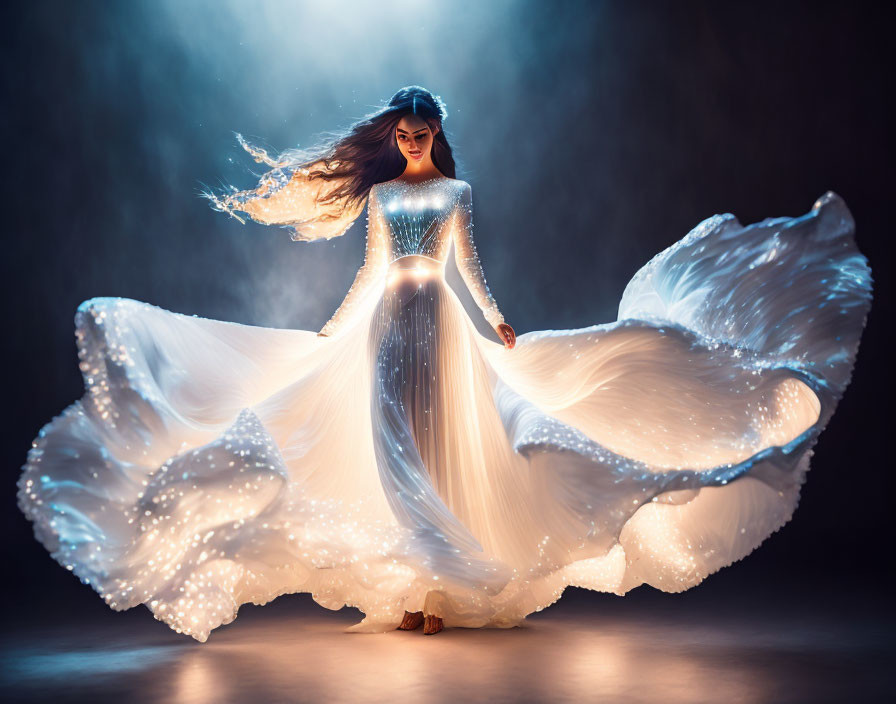 Woman in white dress with glowing lights in misty setting