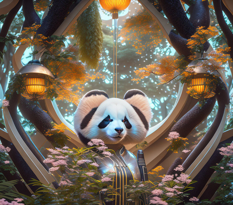 Illustration of cute panda in forest with lanterns