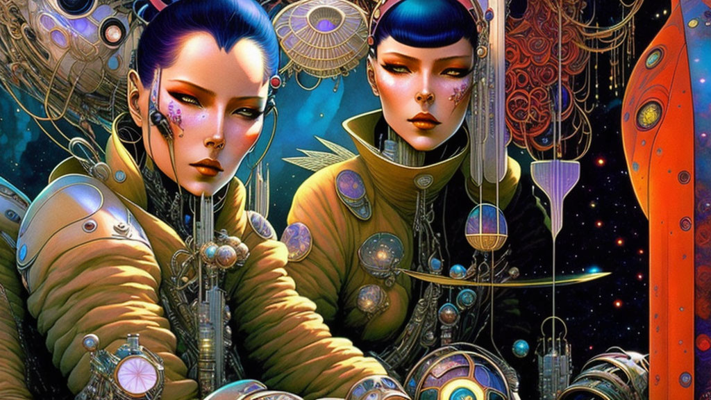 Futuristic female characters in golden spacesuits with cyborg-like features