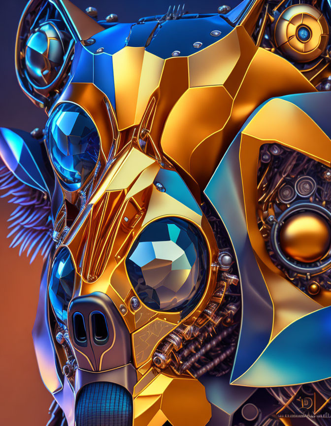 Stylized mechanical horse with gold and blue metallic parts