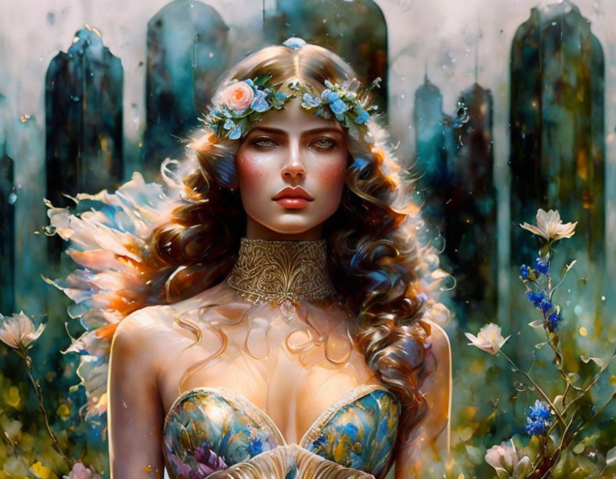 Ethereal woman with wings, floral crown, and jewelry in fantastical garden setting