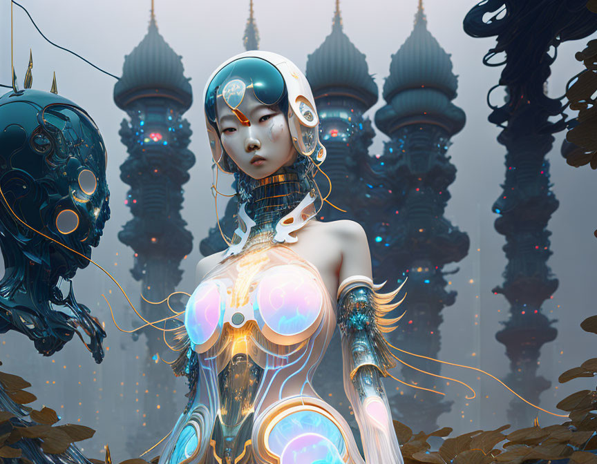 Detailed futuristic female android with cybernetic features and dark robotic head against alien spires.