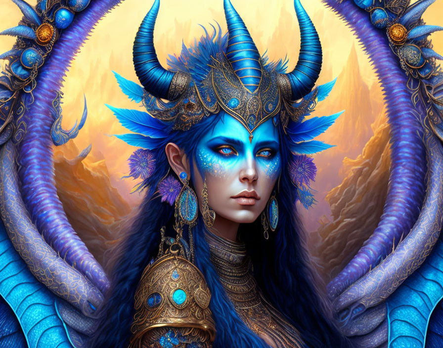 Fantasy female character with blue skin and ornate horned headgear