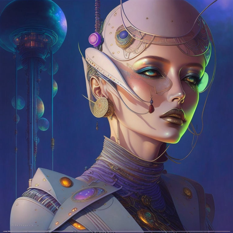 Futuristic female figure with android features in digital artwork