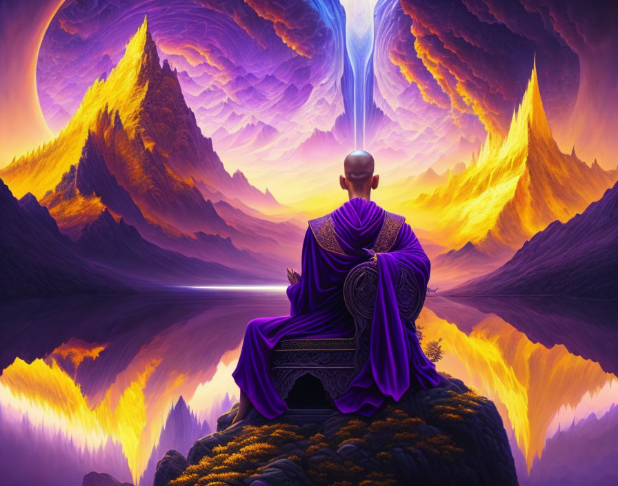 Bald Figure Meditating in Purple Cloak in Surreal Mountain Landscape