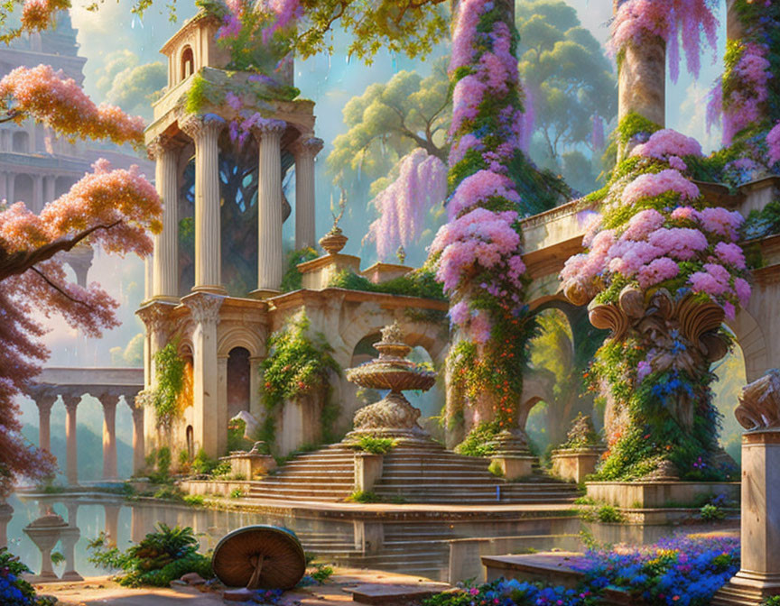 Tranquil imaginary garden with pink blossoms, fountain, classical architecture