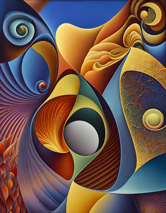 Colorful Abstract Painting with Swirling Patterns and Circular Shapes