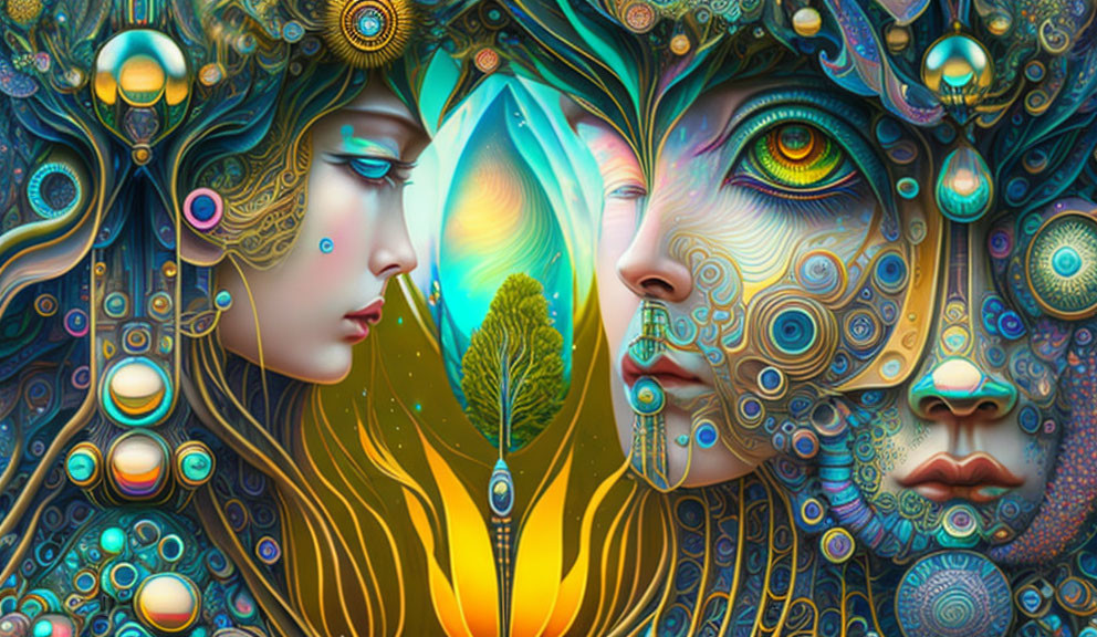 Colorful psychedelic art: Two female faces with intricate patterns, vivid colors, nature, and geometry.