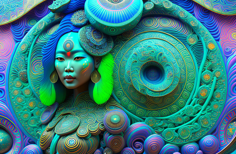 Colorful digital art: woman with blue-green skin, intricate patterns, peacock feathers.