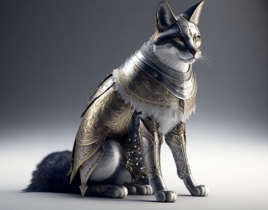 Cat in Medieval Armor with Gold Detailing on Neutral Background