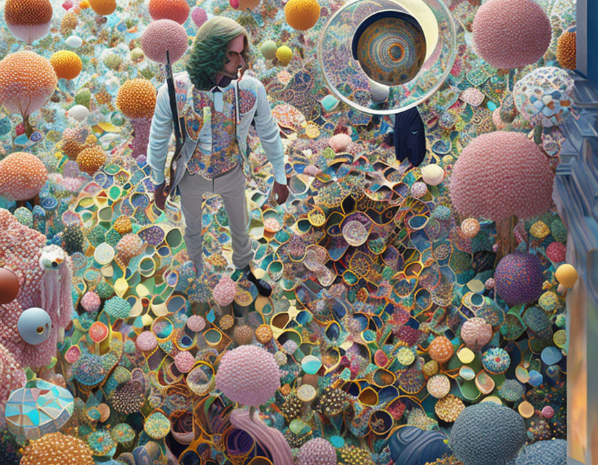 Vibrant surreal landscape with colorful mushroom formations and pensive face close-up