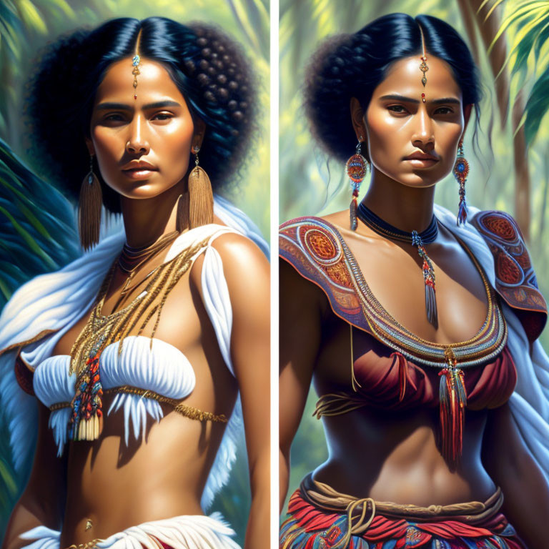 Diptych featuring woman in traditional attire with elaborate jewelry against tropical foliage.