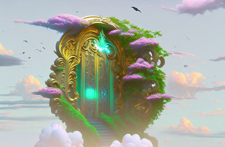 Golden ornate door with turquoise lights, greenery, flowers, clouds, and birds.