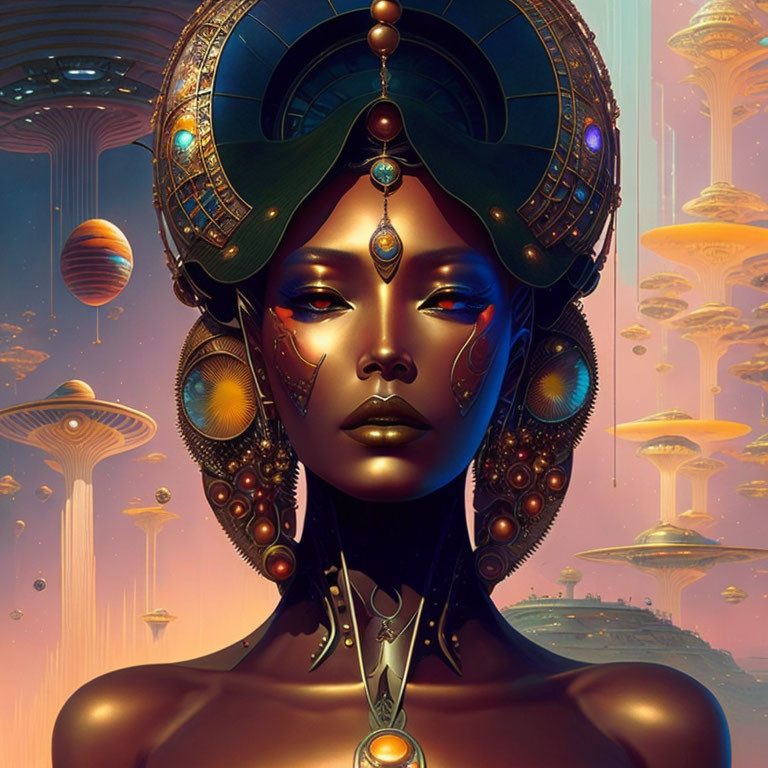 Futuristic portrait of dark-skinned woman with golden jewelry in sci-fi city backdrop